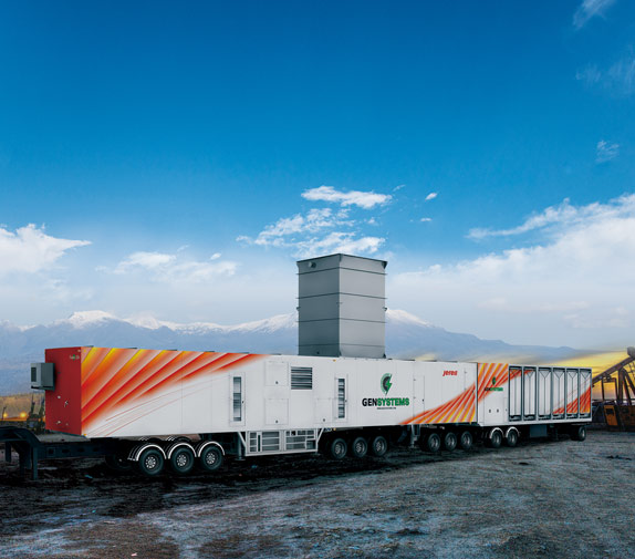 Up-close view of a streamlined compact mobile gas turbine genset, highlighting its elegant design.